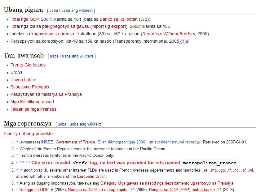 Une page Wikipédia en cébuano où l'écrasant majorité des liens sont morts