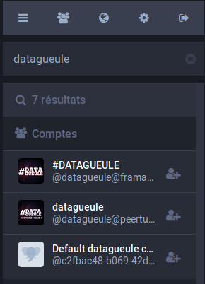 Recherche Mastodon pour 'datagueule' avec en premier résultat le compte Mastodon, et en deuxième le compte Peertube