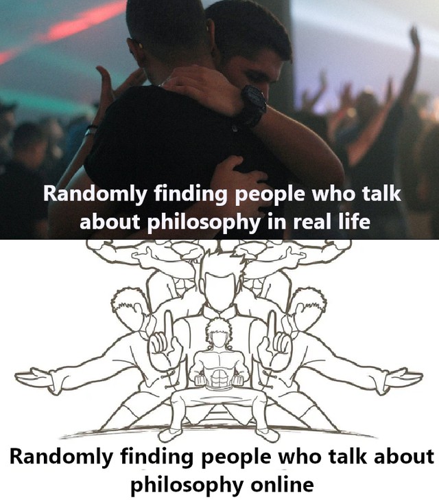 Mème. Première case, deux hommes se font un câlin : « Randomly finding people who talk about philosophy in real life. » Deuxième case, des maîtres en art martiaux s'apprêtent au combat : « Randomly finding people who talk about philosophy online. »