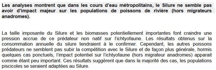 « Les analyses montrent que dans les cours d'eau métropolitains, le Silure ne semble pas avoir d'impact majeur sur les populations de poissons de rivière… Dans la majorité des cas, les populations piscicoles se seraient adaptées au Silure. »