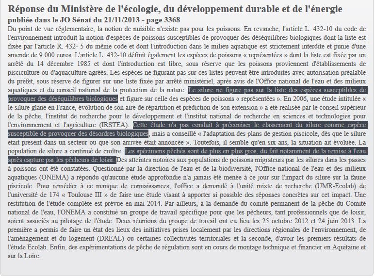 Réponse du Ministère de l'écologie : « Le silure ne figure pas sur la liste des espèces susceptibles de provoquer des déséquilibres biologiques… Cette étude n'a pas conduit à préconiser le classement du silure comme espèce susceptible de provoquer des désordres biologiques… Les spécimens pêchés sont de plus en plus gros, du fait notamment de la remise à l'eau après capture par les pêcheurs de loisir. »