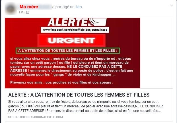 Ma mère a partagé un lien Facebook: 'Alerte à l'attention de toutes les femmes et filles…'