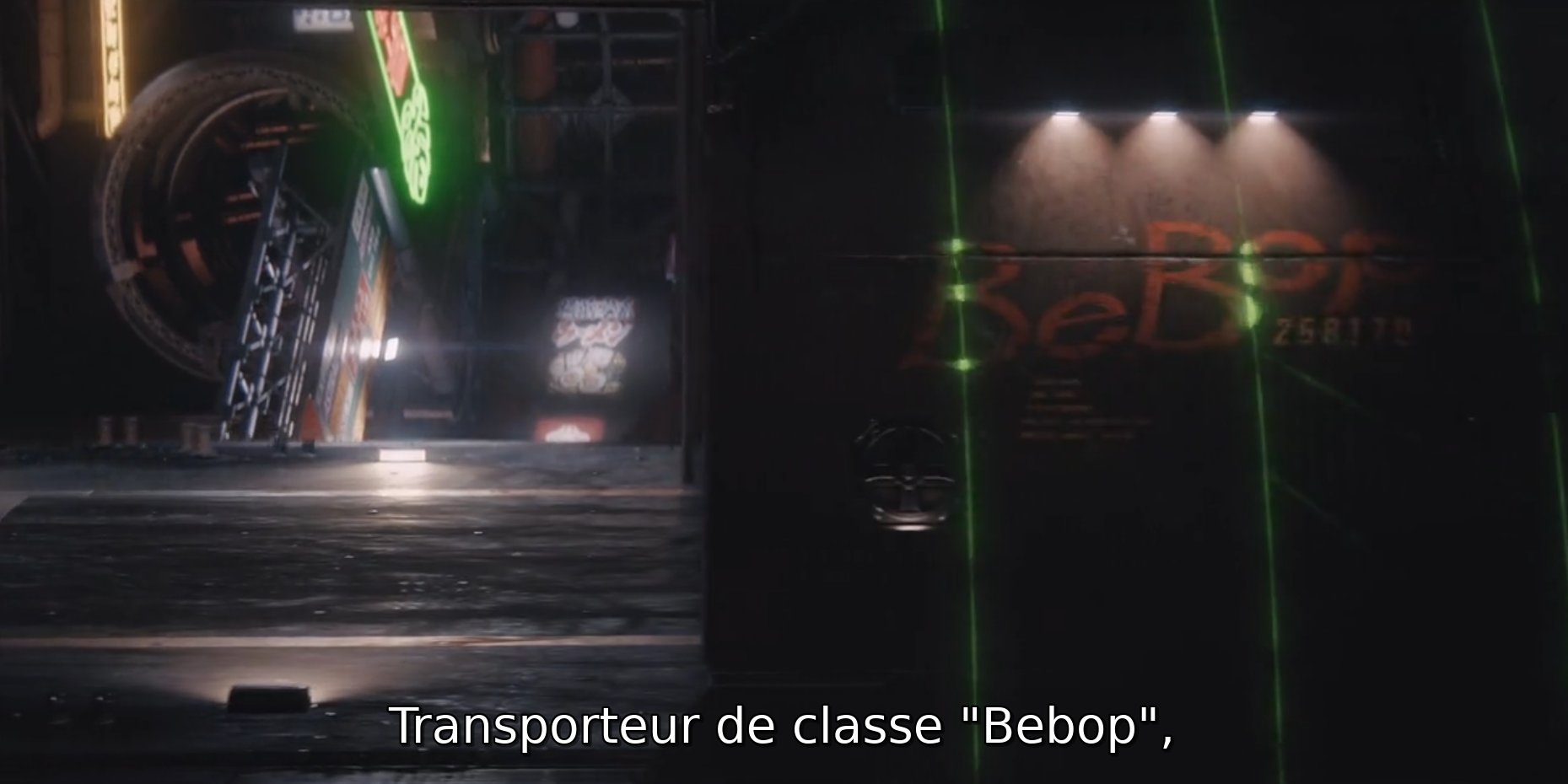 Le Bebop passe un scanner. Sous-titre : « Transporteur de classe 'Bebop'. »