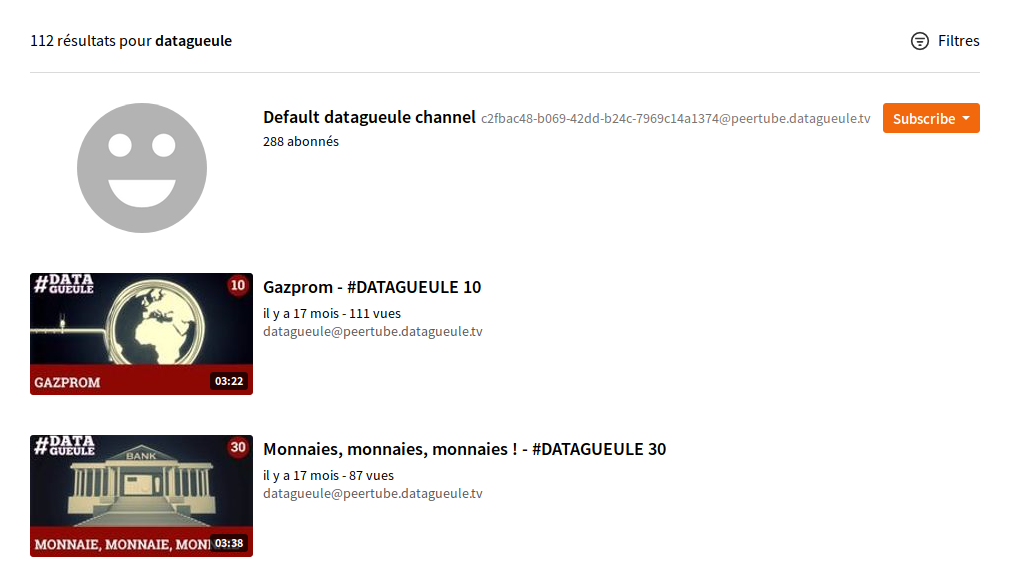 Recherche Peertube pour 'datagueule' avec en seul résultat un smiley gris avec un hash comme nom
