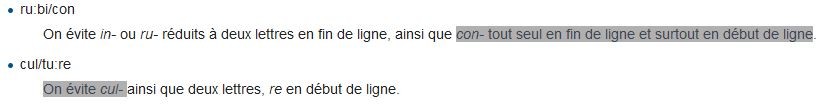 « On évite con- tout seul en fin de ligne et surtout en début de ligne. On évite cul- »