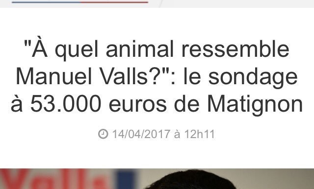 Article dont le titre est : 'À quel animal ressemble Manuel Valls ? Le sondage à 53000 euros de Matignon'