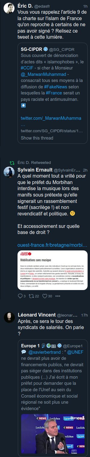 Timeline Twitter composée en intégralité de tweets sur des problèmes d'islamophobie et d'islamogauchisme