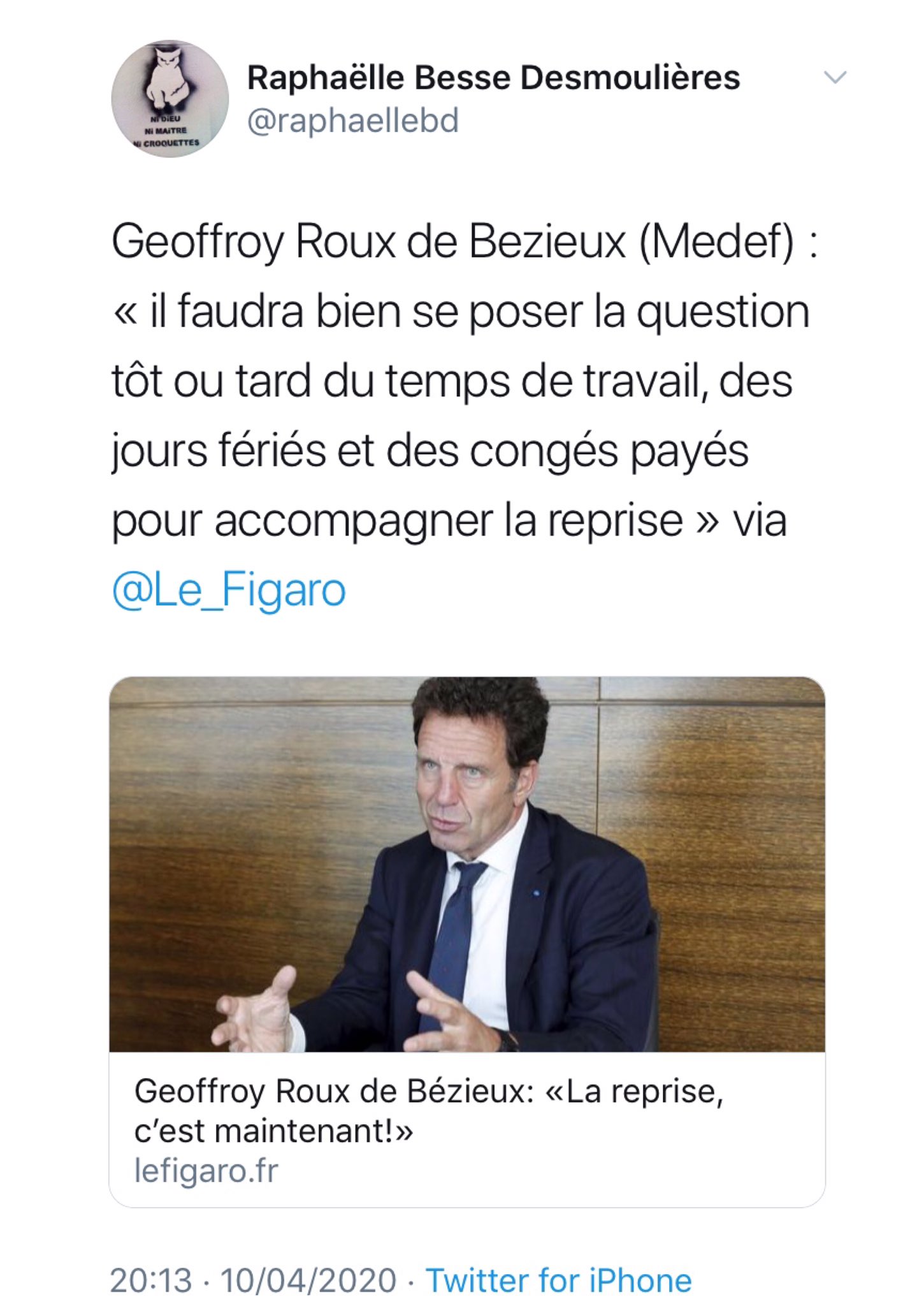 Geoffroy Roux de Bezieux (Medef) : « il faudra bien se poser la question tôt ou tard du temps de travail, des jours fériés et des congés payés pour accompagner la reprise »