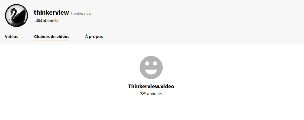 Page des 'Chaînes de vidéos' de Thinkerview avec 389 abonnés alors que Thinkerview en lui-même a 1383 abonnés