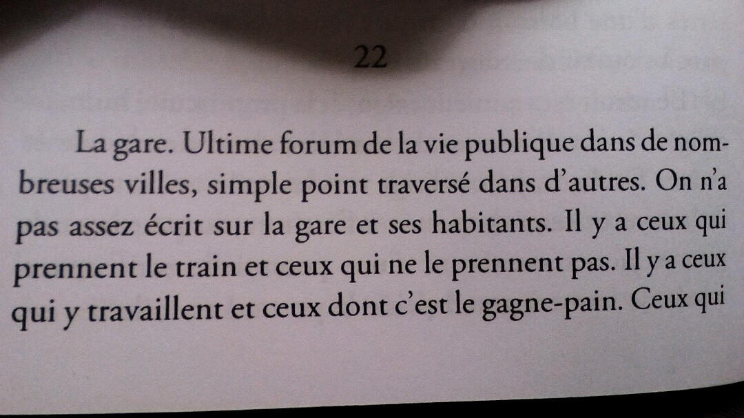 « La gare. Ultime forum de la vie publique dans de nombreuses villes, simple point traversé dans d'autres. On n'a pas assez écrit sur la gare et ses habitants. Il y a ceux qui prennent le train et ceux qui ne le prennent pas. Il y a ceux qui y travaillent et ceux dont c'est le gagne-pain. »