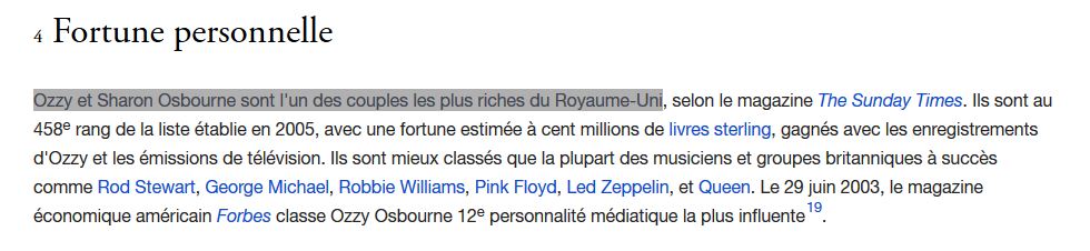 Extrait d'une page Wikipédia: « Ozzy et Sharon Osbourne sont l'un des couples les plus riches du Royaume-Uni »