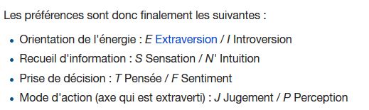 Les quatre couples binaires : Extraversion-Introversion, Sensation-Intuition, Pensée-Sentiment, Jugement-Perception