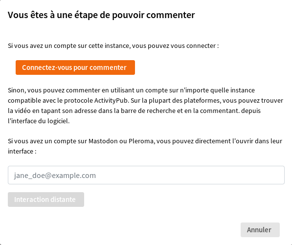 Page de commentaire Peertube où il est possible de commenter avec un compte Mastodon ou Pleroma