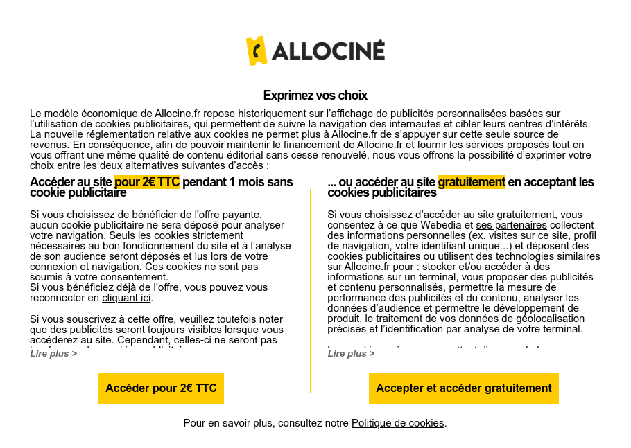 Fenêtre modale d'Allociné empêchant toute navigation si l'on ne choisit pas entre payer 2€ par mois ou accepter les cookies publicitaires