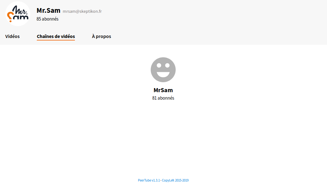Même page, mais l'onglet 'Chaînes de vidéos' est actif, avec une seule chaîne 'MrSam', gros smiley gris, 81 abonnés