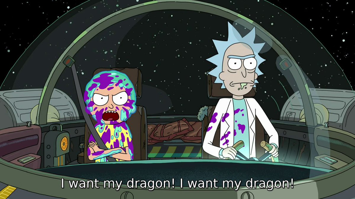 Rick and Morty. Morty dit : « I want my dragon! I want my dragon! »