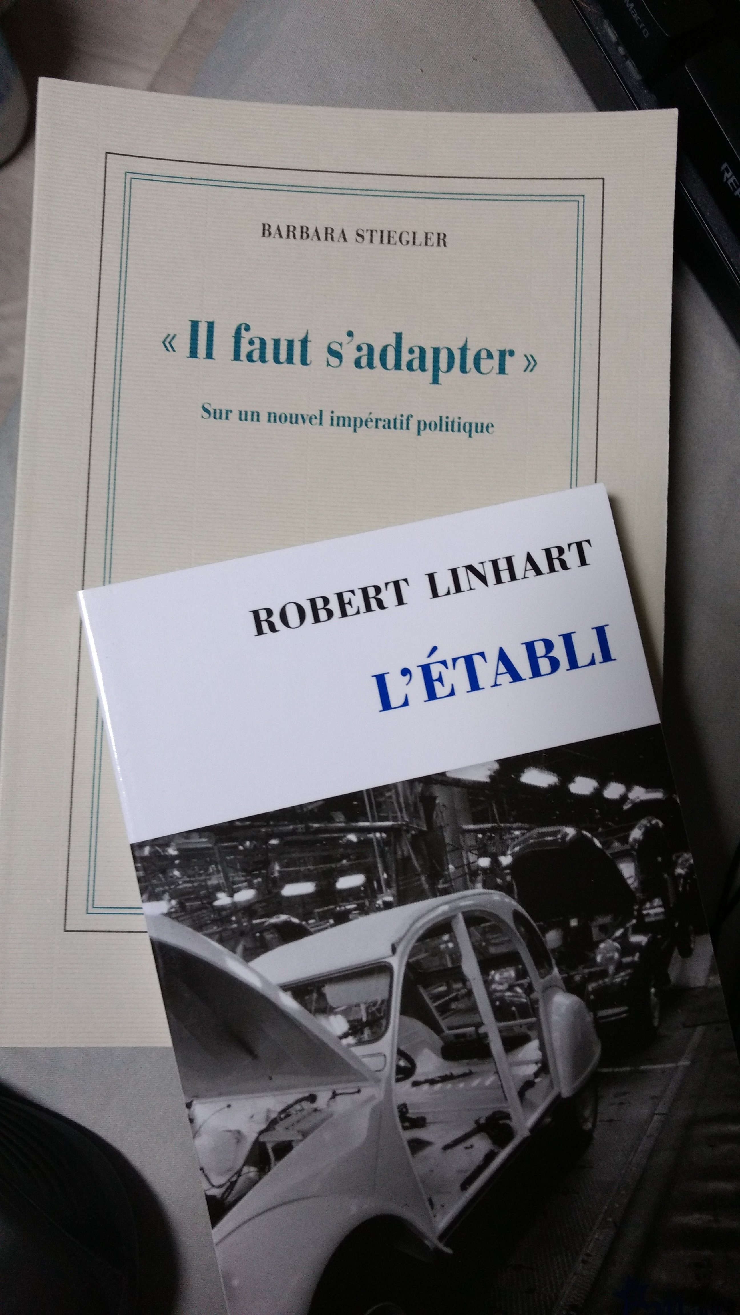 Deux livres : Il faut s'adapter, de Barbara Stiegler, et L'établi, de Robert Linhart