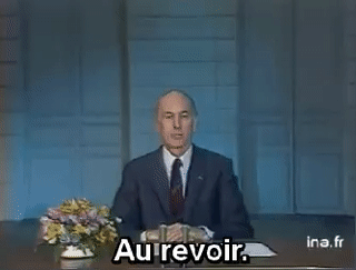 Animation de Valéry Giscard d'Estaing disant « Au revoir » avant de partir.